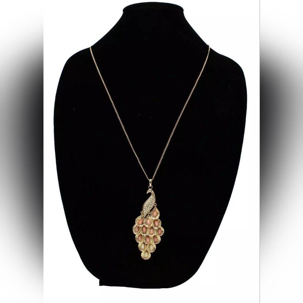 Gold Tone Peacock Pendant Necklace with Faceted Stones NWT 34"
